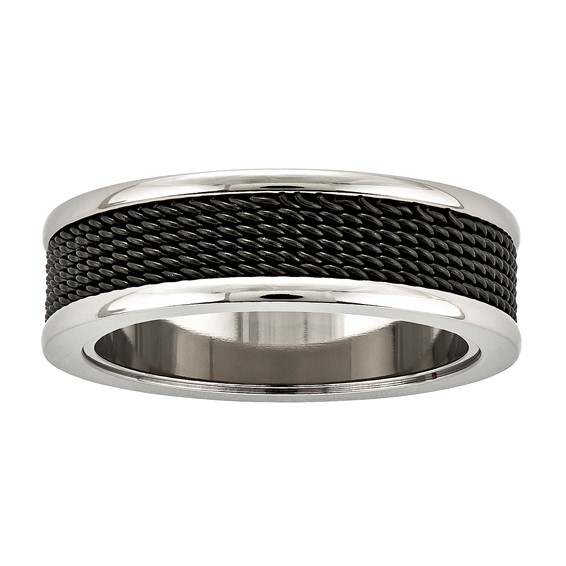 Titanium 7 mm Polished w/Black Ion Plated Wire Mesh Center Inlay Band