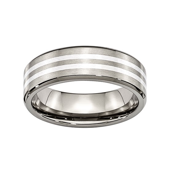 Titanium 7mm Brushed Silver Inlaid 5-Stripe Band