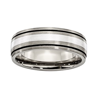Titanium 7mm Brushed Light Center Silver Inlaid Strip w/Dark Edges Band