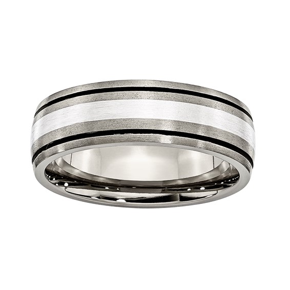 Titanium 7mm Brushed Light Center Silver Inlaid Strip w/Dark Edges Band