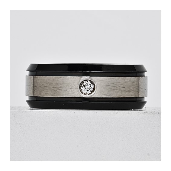 Titanium 8mm 0.05ct Diamond Double Groove & Black IP Edges Band