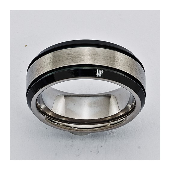 Titanium 8mm 0.05ct Diamond Double Groove & Black IP Edges Band