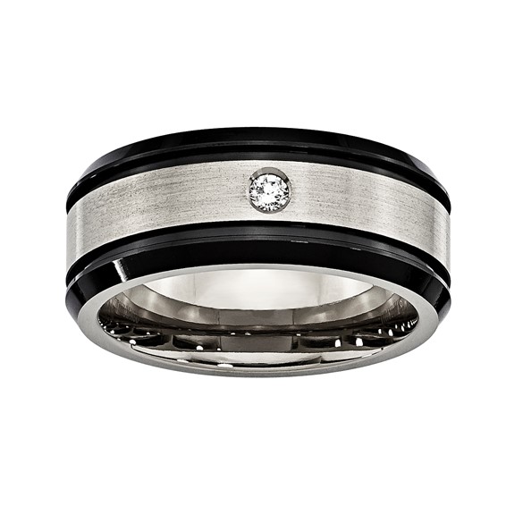 Titanium 8mm 0.05ct Diamond Double Groove & Black IP Edges Band