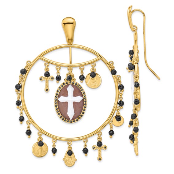 Sterling Silver 18k Gold-plated Polished Textured and Beaded Black CZ Religious Cameo Threader Earrings