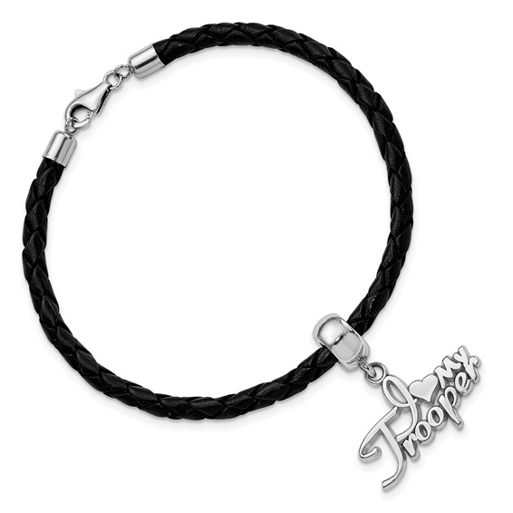 Sterling Silver Polished I Heart My Trooper Bead Leather Bracelet