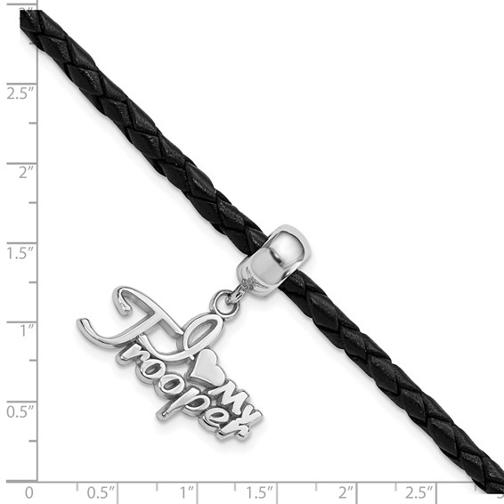 Sterling Silver Polished I Heart My Trooper Bead Leather Bracelet