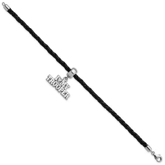 Sterling Silver Polished I Heart My Trooper Bead Leather Bracelet