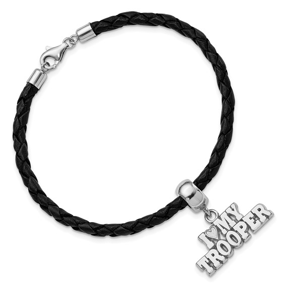 Sterling Silver Polished I Heart My Trooper Bead Leather Bracelet