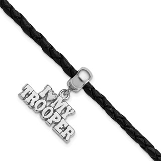 Sterling Silver Polished I Heart My Trooper Bead Leather Bracelet
