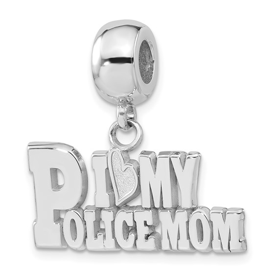 Sterling Silver I Heart My Police Mom Polished Dangle Bead