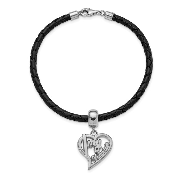 Sterling Silver I Heart My Volunteer Bead Black Leather Bracelet
