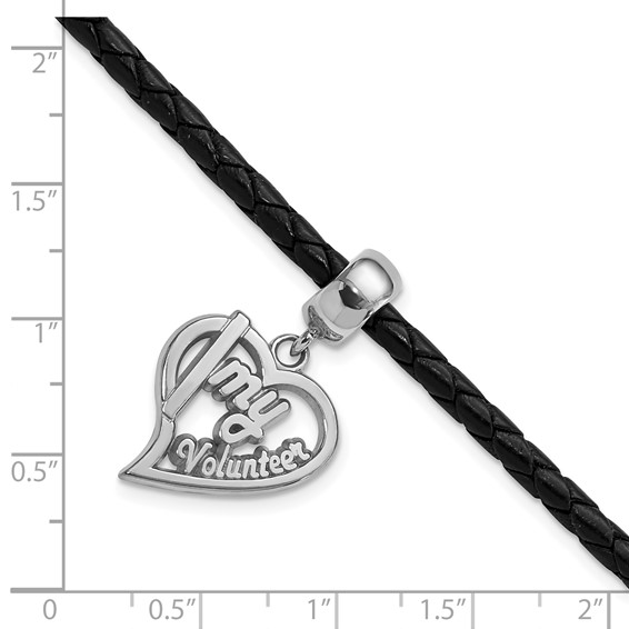 Sterling Silver I Heart My Volunteer Bead Black Leather Bracelet