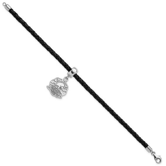 Sterling Silver Polished St. Florian Dangle Bead Leather Bracelet