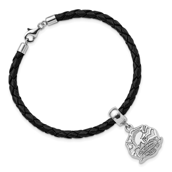Sterling Silver Polished St. Florian Dangle Bead Leather Bracelet