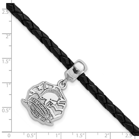 Sterling Silver Polished St. Florian Dangle Bead Leather Bracelet