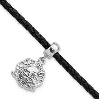 Sterling Silver Polished St. Florian Dangle Bead Leather Bracelet