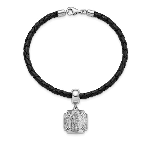 Sterling Silver St. Florian Charm Bead Black Leather Bracelet