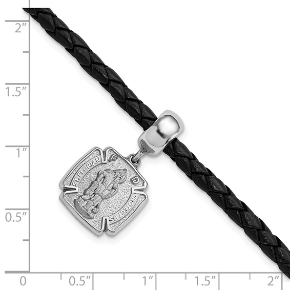 Sterling Silver St. Florian Charm Bead Black Leather Bracelet