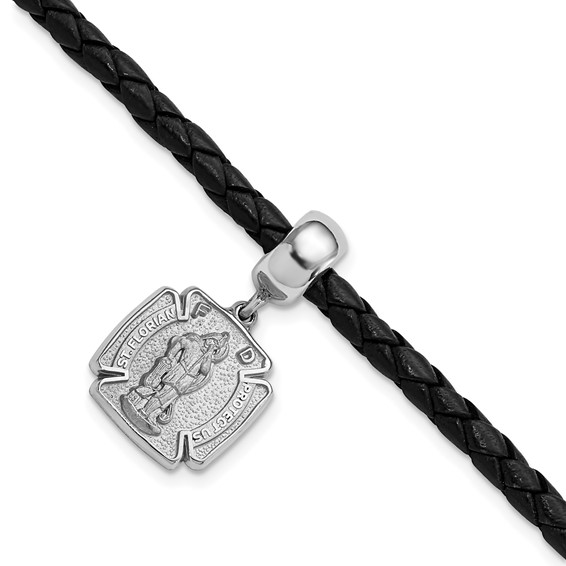 Sterling Silver St. Florian Charm Bead Black Leather Bracelet