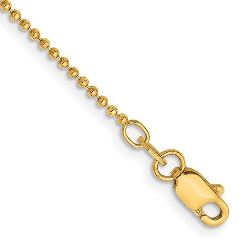 14K 1.2mm Yellow Gold Diamond-cut Beaded Anklet with Lobter Clasp, 9"
