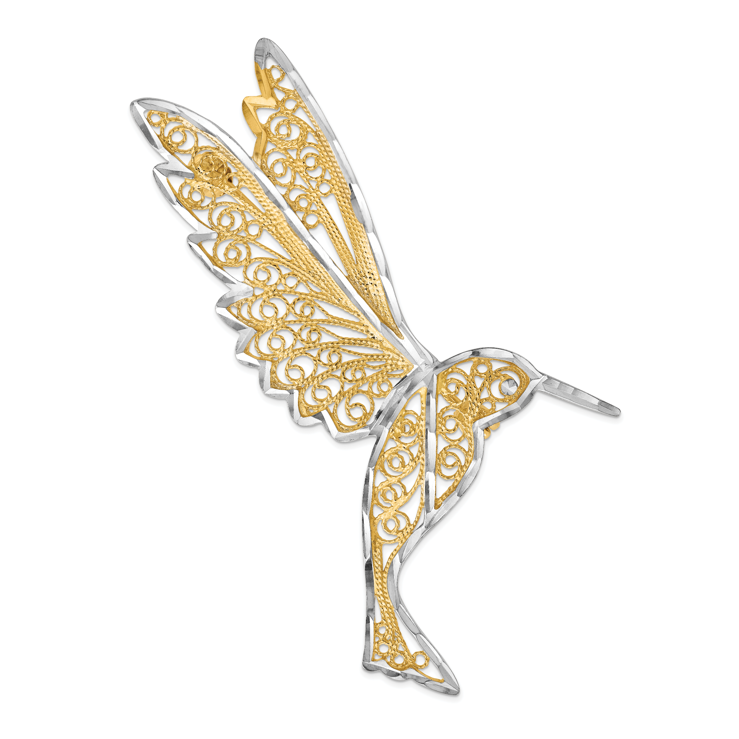 14k and White Rhodium Diamond-cut Filigree Hummingbird Pin (PIN168)