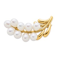 14K Yellow Gold Polished Cluster 5-6mm White Rice Freshwater Cultured Pearl Pin Brooch view 1
