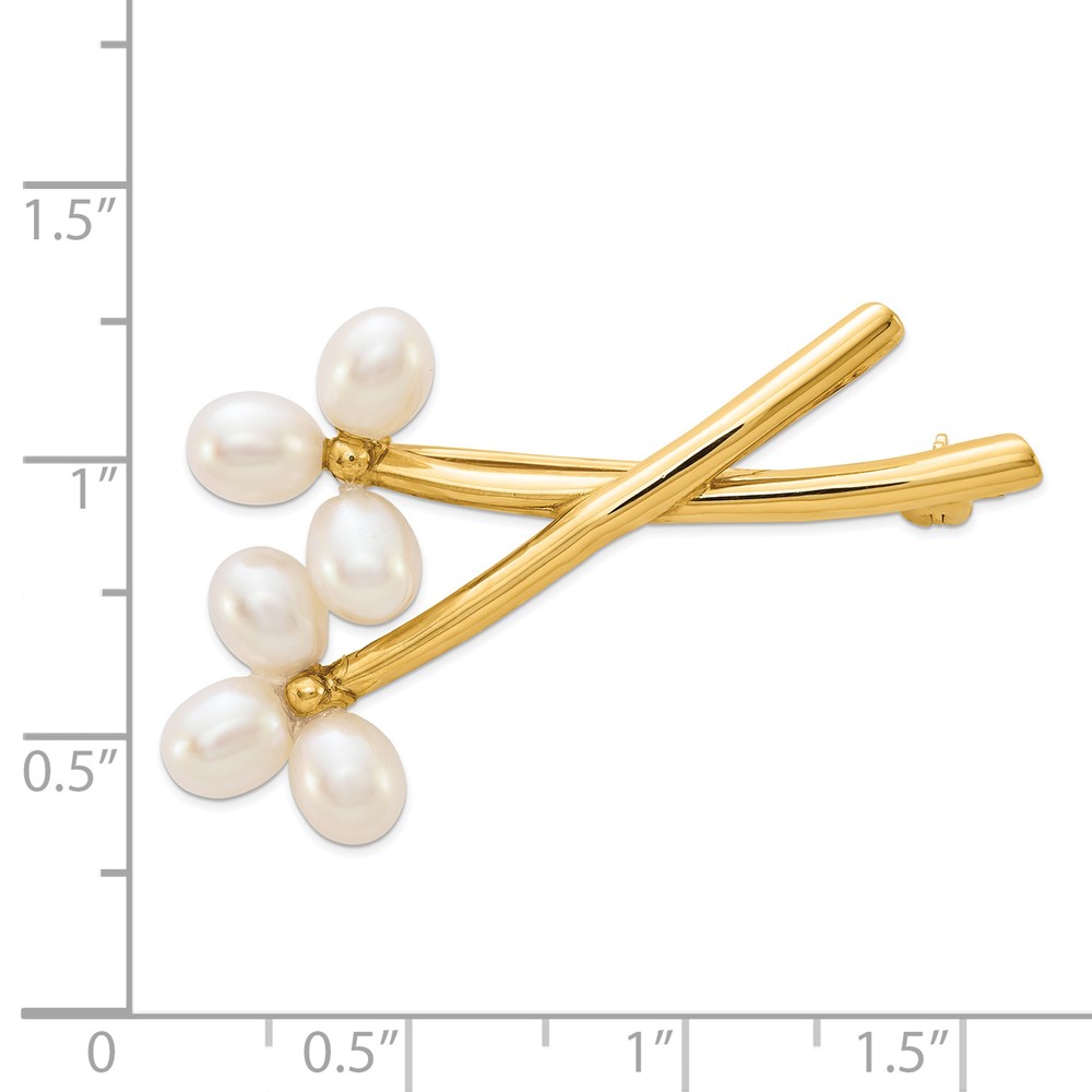 14k 5-6mm White Rice Freshwater Cultured Pearl 2 Flower Pin (PIN179)