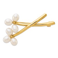 14K Yellow Gold 5-6mm White Rice Freshwater Cultured Pearl 2 Flower Pin view 1