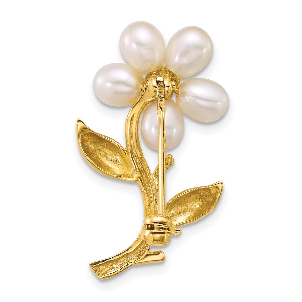 14k 4-5mm White Rice Freshwater Cultured Pearl Flower Brooch (PIN181)