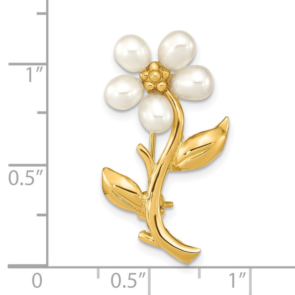 14k 4-5mm White Rice Freshwater Cultured Pearl Flower Brooch (PIN181)