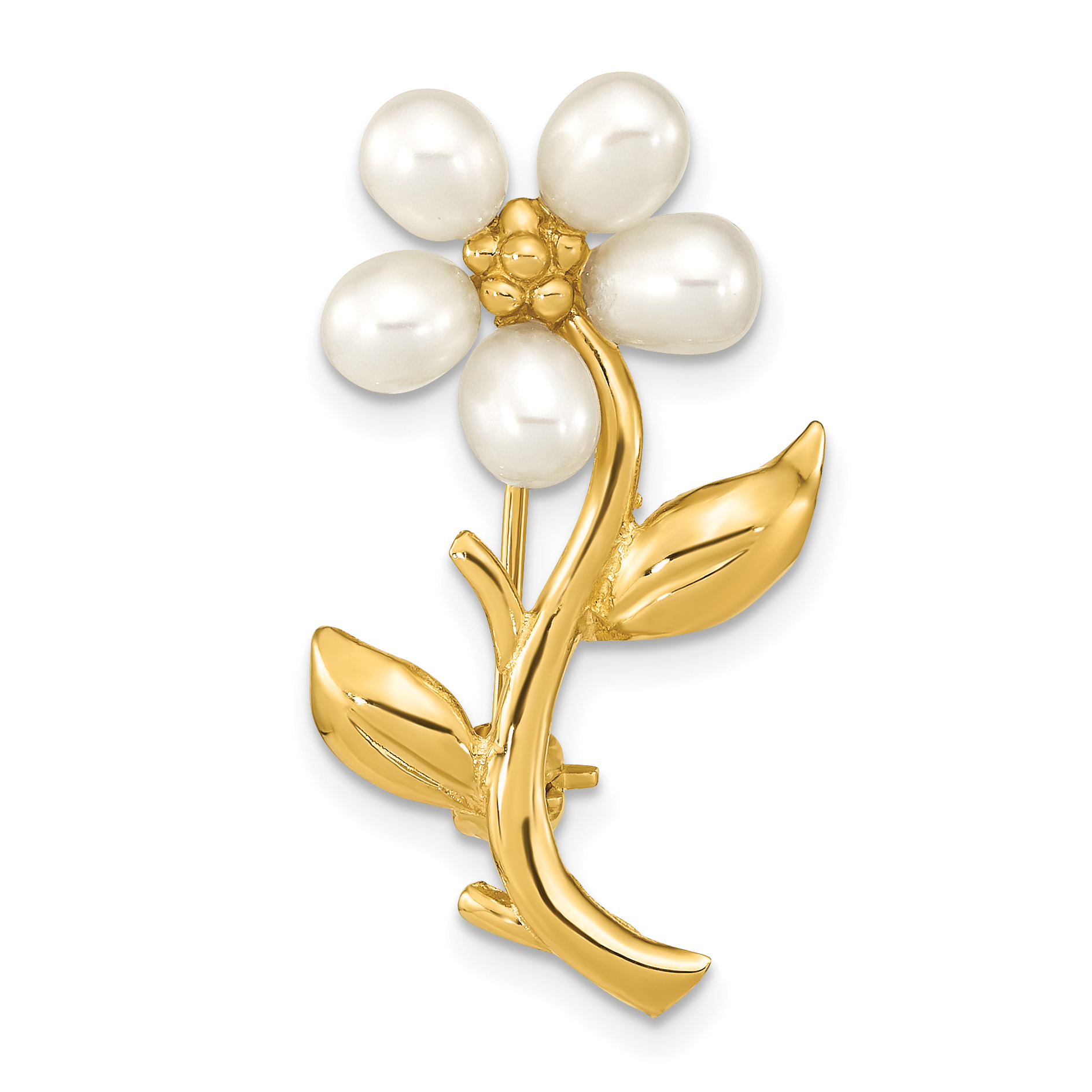 14k 4-5mm White Rice Freshwater Cultured Pearl Flower Brooch (PIN181)