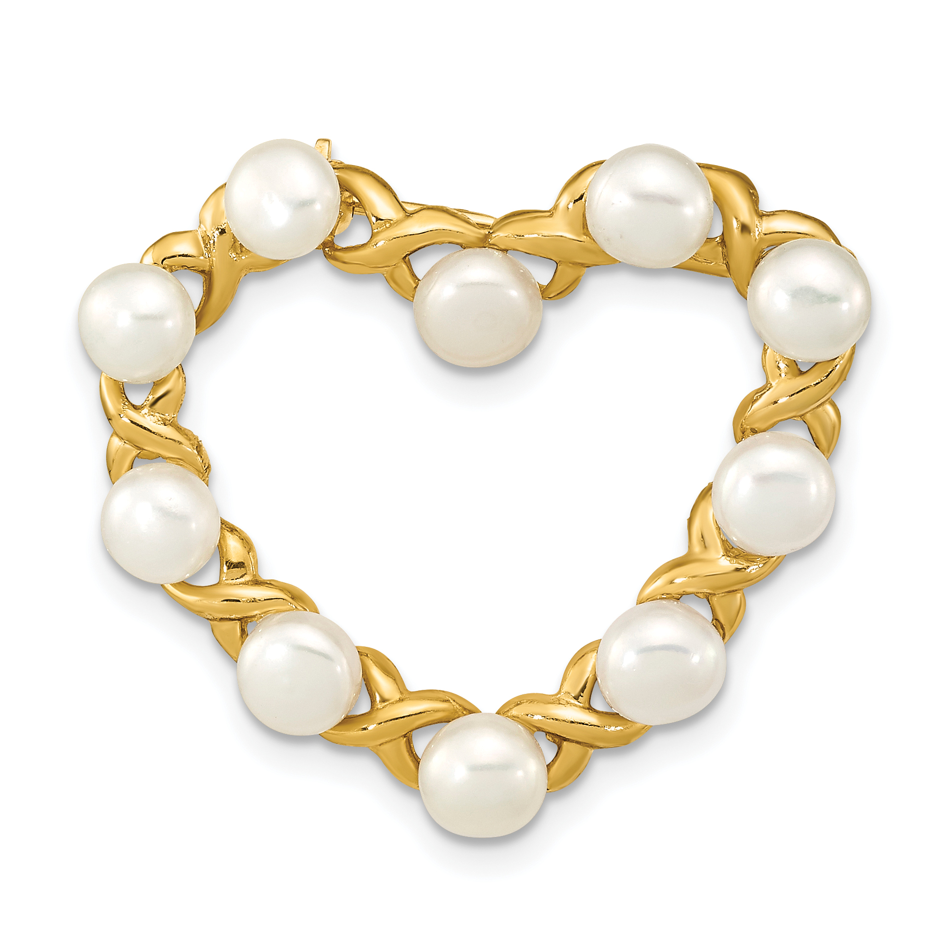 14k 4-5mm White Button Freshwater Cultured Pearl Heart Brooch (PIN183)