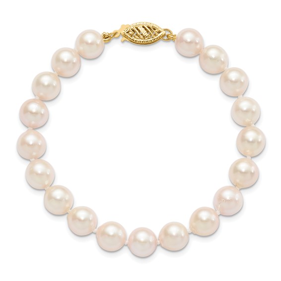 14k 7-8mm White Round Saltwater Akoya Cultured Pearl 8 inch Bracelet