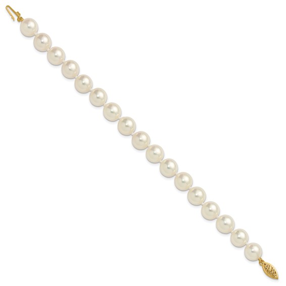 14k Polished 9-10mm Round White Akoya Saltwater Cultured Pearl 7 inch Bracelet
