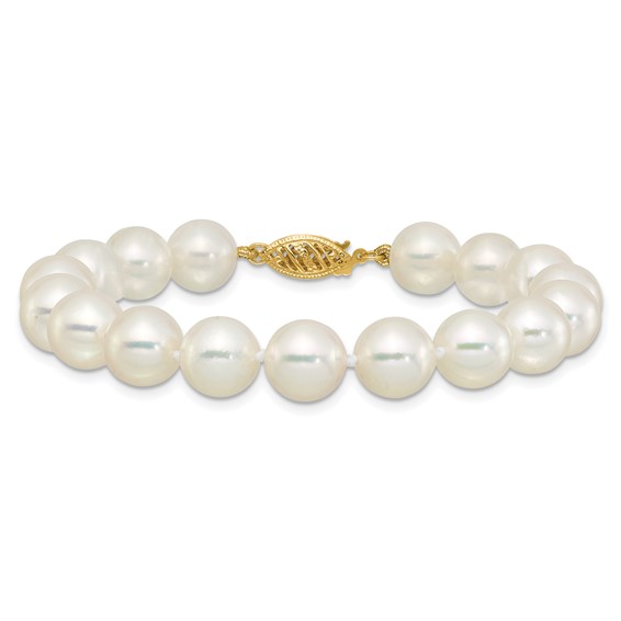 14k Polished 9-10mm Round White Akoya Saltwater Cultured Pearl 7 inch Bracelet