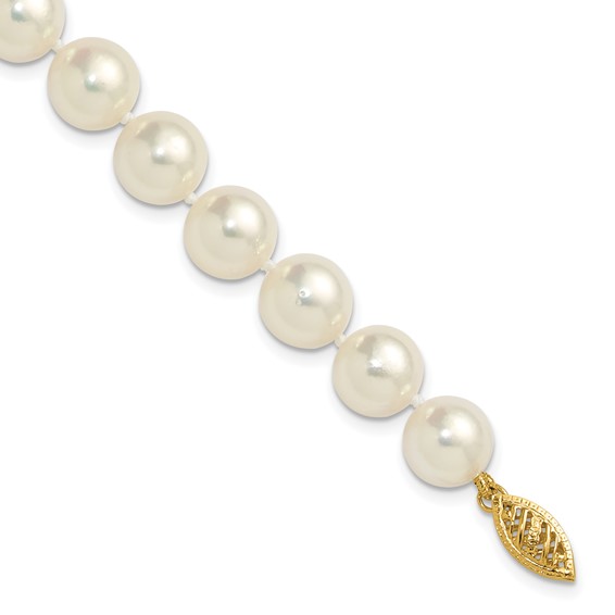 14k Polished 9-10mm Round White Akoya Saltwater Cultured Pearl 7 inch Bracelet