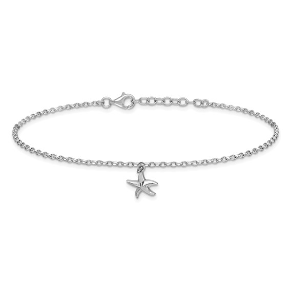 Sterling Silver Rhodium-plated Starfish Charm 9 inch Plus 1 inch Extender - Total 10 inch Anklet