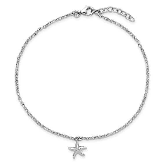 Sterling Silver Rhodium-plated Starfish Charm 9 inch Plus 1 inch Extender - Total 10 inch Anklet