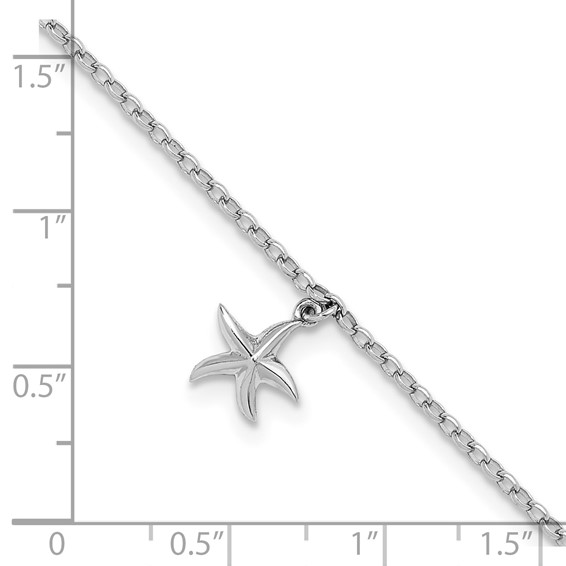 Sterling Silver Rhodium-plated Starfish Charm 9 inch Plus 1 inch Extender - Total 10 inch Anklet