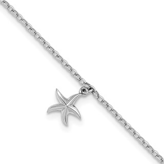 Sterling Silver Rhodium-plated Starfish Charm 9 inch Plus 1 inch Extender - Total 10 inch Anklet