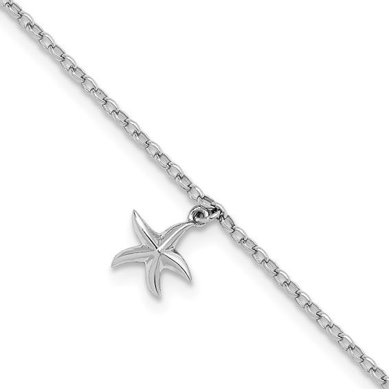 Sterling Silver Rhodium-plated Starfish Charm 9 inch Plus 1 inch Extender - Total 10 inch Anklet