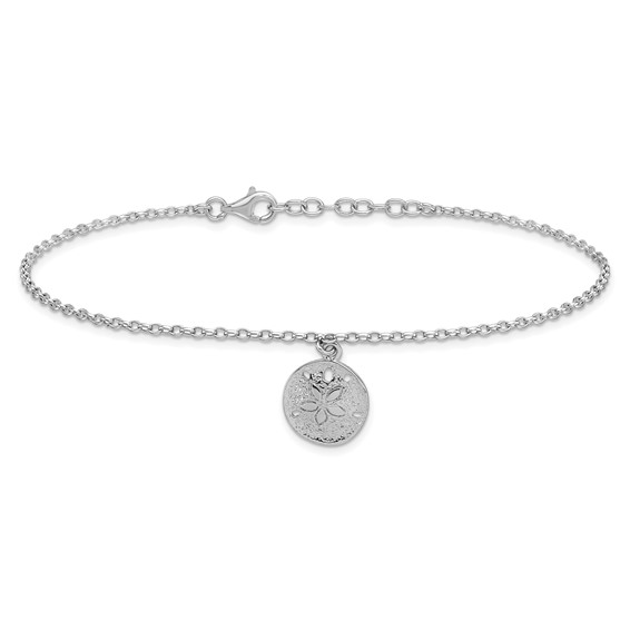 Sterling Silver Rhodium-Plated Sand Dollar Charm 9 inch Plus 1 inch Extender - Total 10 inch Anklet
