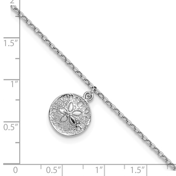 Sterling Silver Rhodium-Plated Sand Dollar Charm 9 inch Plus 1 inch Extender - Total 10 inch Anklet