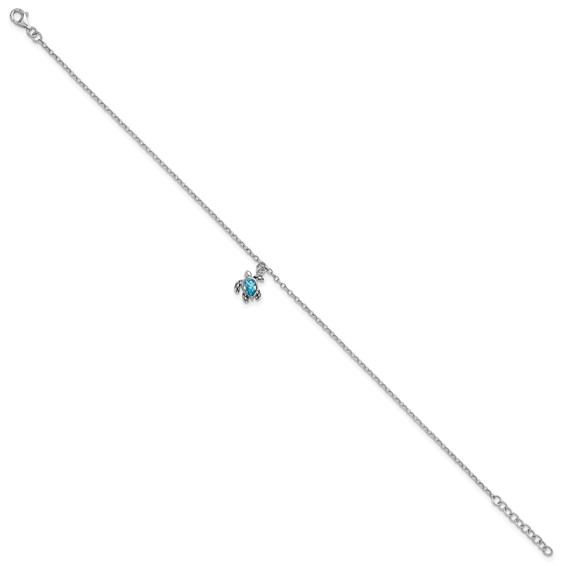 Sterling Silver Rhodium-plated Preciosa Crystal Turtle 9 inch Plus 1 inch Extender - Total 10 inch Anklet