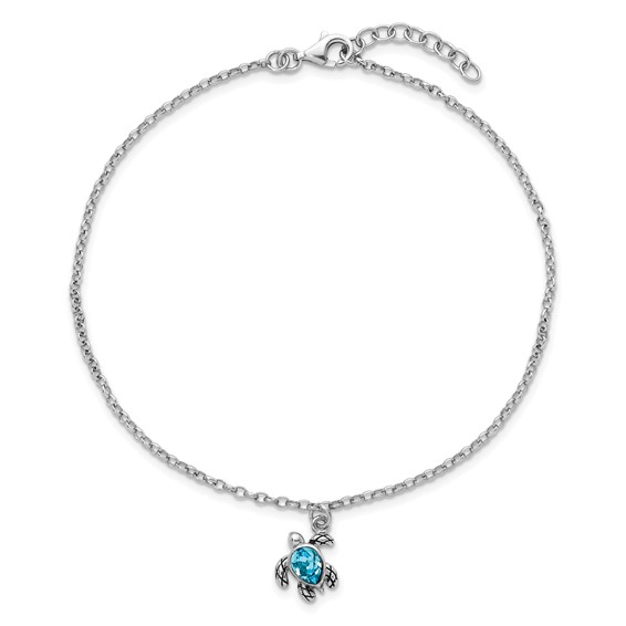 Sterling Silver Rhodium-plated Preciosa Crystal Turtle 9 inch Plus 1 inch Extender - Total 10 inch Anklet