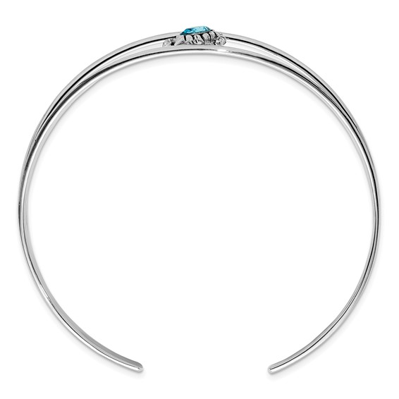 Sterling Silver Rhodium-plated Polished and Antiqued Blue Crystal Turtle Bangle