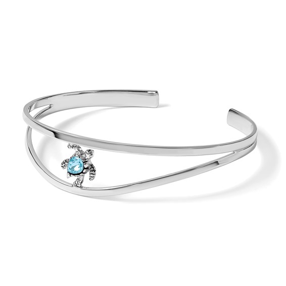 Sterling Silver Rhodium-plated Polished and Antiqued Blue Crystal Turtle Bangle