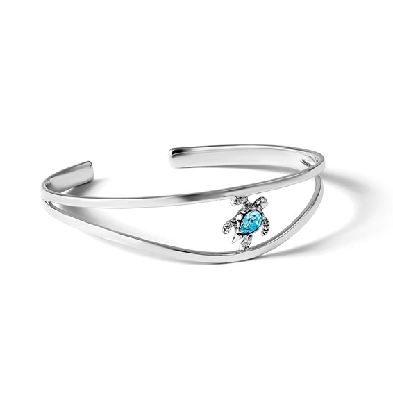 Sterling Silver Rhodium-plated Polished and Antiqued Blue Crystal Turtle Bangle