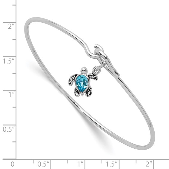 Sterling Silver Rhodium-plated Polished and Antiqued Thin Dangle Blue Crystal Turtle Hook Bangle