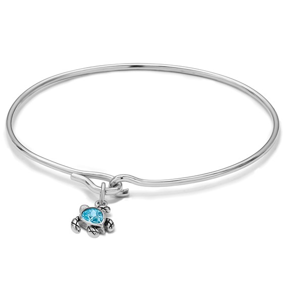 Sterling Silver Rhodium-plated Polished and Antiqued Thin Dangle Blue Crystal Turtle Hook Bangle